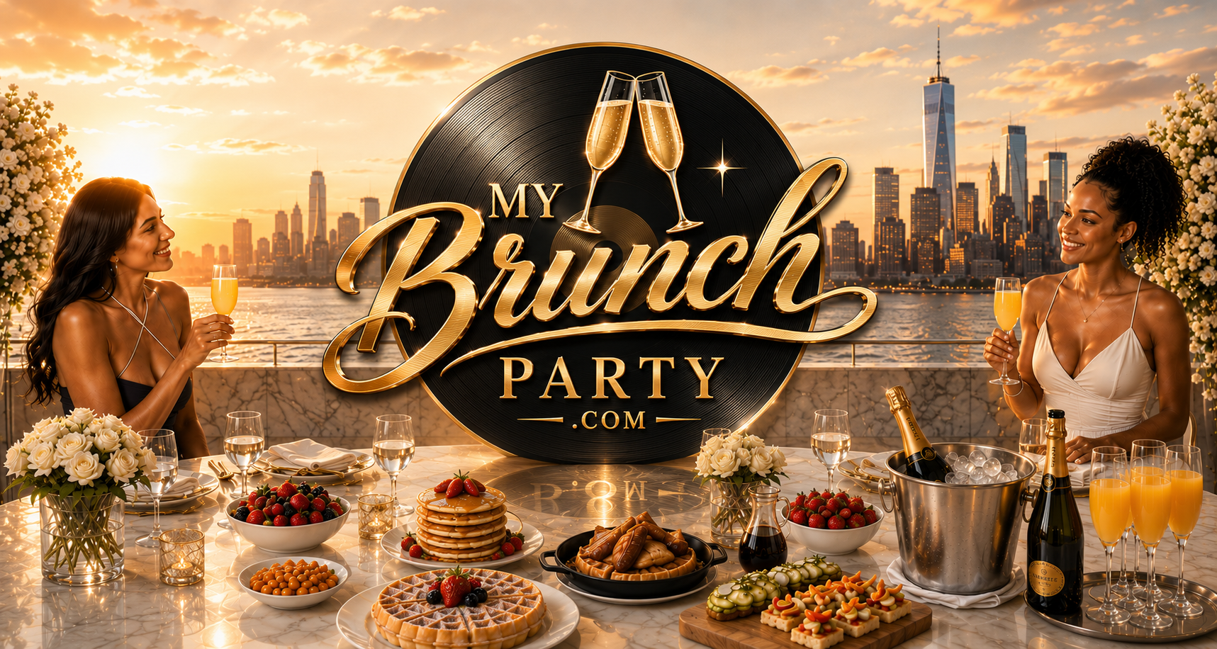My Brunch Party — golden-hour waterfront brunch with mimosas, champagne, and the NYC skyline